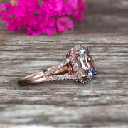 Cushion Cut Shank Promise Ring 1.50 Carat Blue Aquamarine Engagement Ring Anniversary Gift On 10k Rose Gold Art Deco Halo Design