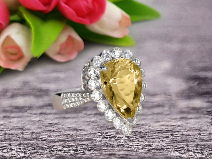 Champagne Diamond Moissanite Engagement Ring Wedding Pear Shaped 1.50 Carat Unique Halo Design 10k White Gold Anniversary Gift