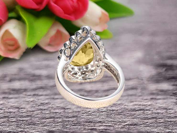 Champagne Diamond Moissanite Engagement Ring Wedding Pear Shaped 1.50 Carat Unique Halo Design 10k White Gold Anniversary Gift