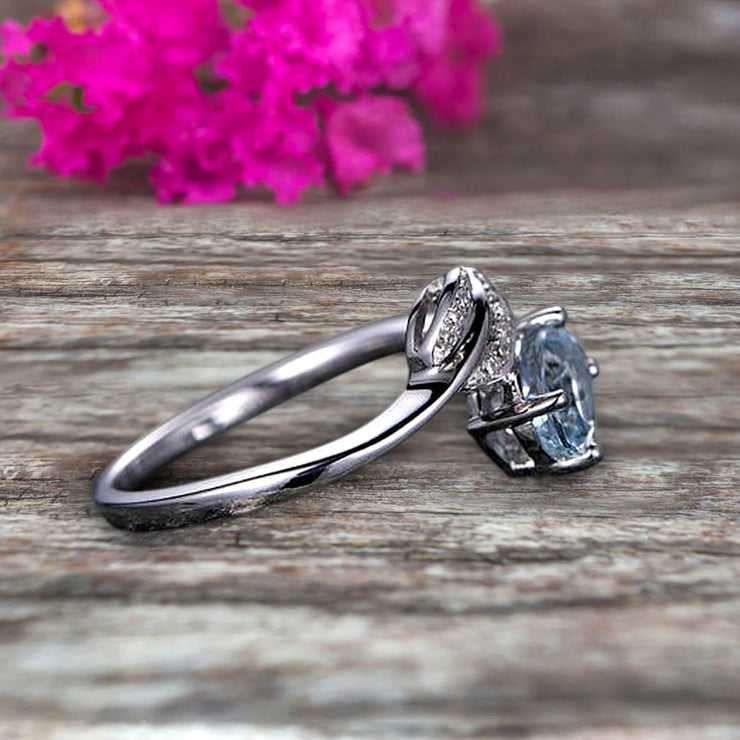 Aquamarine Engagement Ring Unique Leaf and Oval Shaped Combination 1.25 Carat 10k White Gold Anniversary Gift