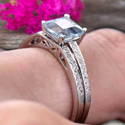 1.50 Carat Asscher Cut Aquamarine Engagement Ring Set 10k White Gold Stacking Matching Wedding Band