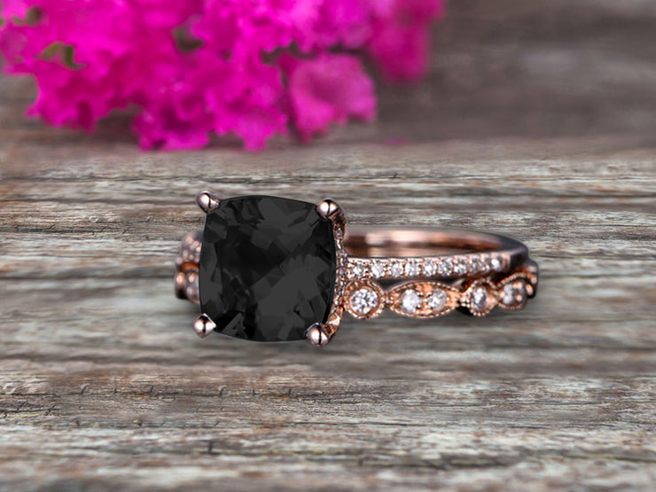 Cushion Cut 1.75 Carat  Black Diamond Moissanite Engagement Ring with Unique Wedding Band 10k Rose Gold Art Deco Bridal Set Anniversary Gift