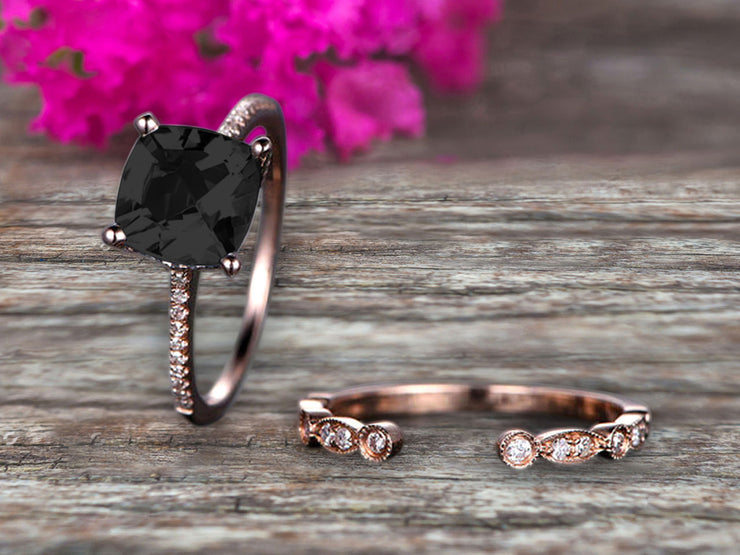 Cushion Cut 1.75 Carat  Black Diamond Moissanite Engagement Ring with Unique Wedding Band 10k Rose Gold Art Deco Bridal Set Anniversary Gift