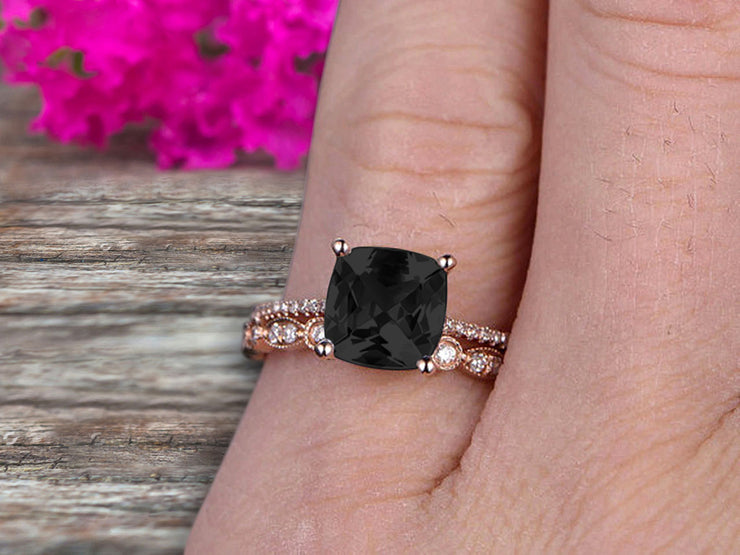 Cushion Cut 1.75 Carat  Black Diamond Moissanite Engagement Ring with Unique Wedding Band 10k Rose Gold Art Deco Bridal Set Anniversary Gift