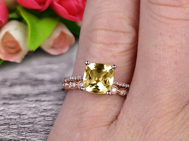 Cushion Cut 1.75 Carat Champagne Diamond Moissanite Engagement Ring with Unique Wedding Band 10k Rose Gold Art Deco Bridal Set Anniversary Gift