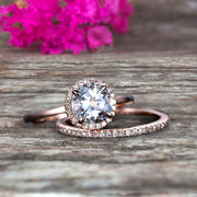 Round Cut 1.50 Carat  Aquamarine Engagement Ring Bridal Set 10k Rose Gold Art Deco Matching Wedding Band Anniversary Gift