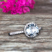 1.50 Carat Round Cut Aquamarine Engagement Ring On 10k White Gold Art Deco Halo Designed