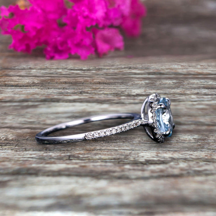 1.50 Carat Round Cut Aquamarine Engagement Ring On 10k White Gold Art Deco Halo Designed