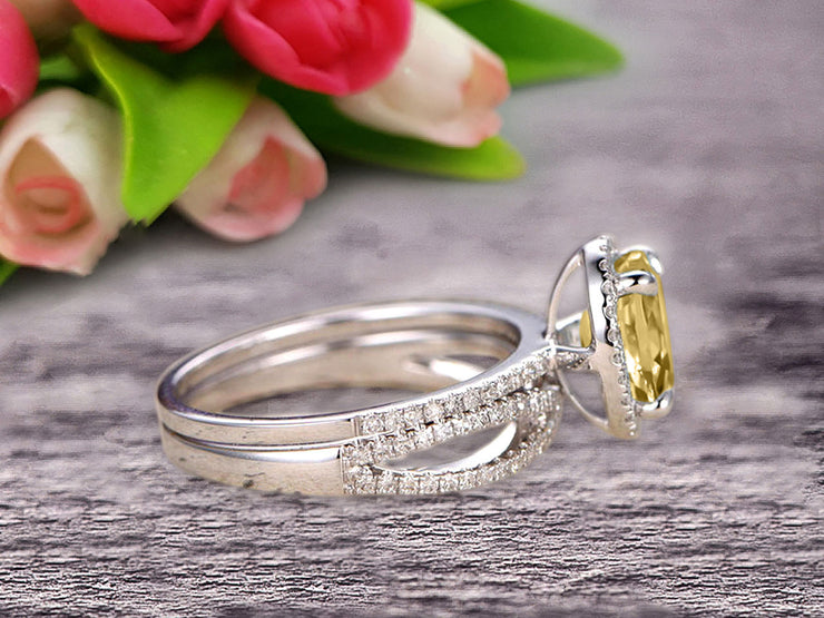 10k White Gold 1.75 Carat Oval Cut Champagne Diamond Moissanite Engagement Rings With Twisted Wedding Band Diamonds Halo Design