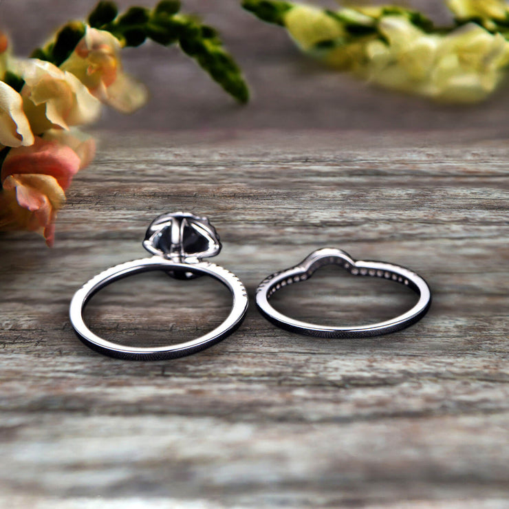 Round Cut 1.75 Carat Aquamarine Engagement Ring Set With Curved Diamond Matching Band 10k White Gold Bridal Ring Set