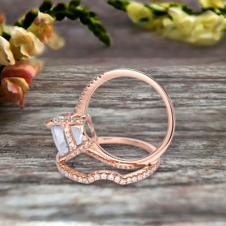 2Pcs Wedding Ring Set Cushion Cut 1.75 Carat Aquamarine Engagement ring On 10k Rose gold Curved Wedding Band Personalized for Brides