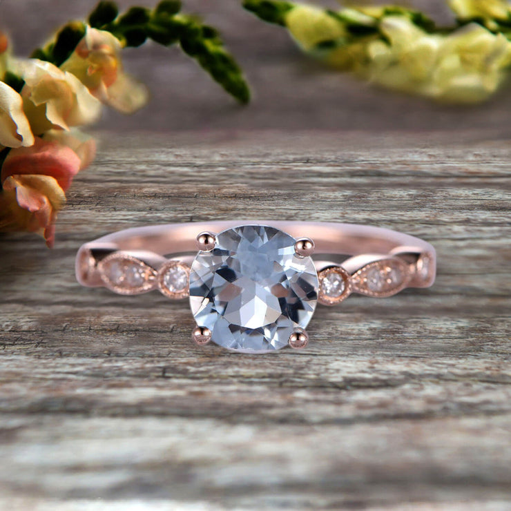 1.25 Carat Wedding Ring Aquamarine Engagement Ring Round Cut Art Deco 10k Rose Gold Anniversary Gift Personalized for Brides