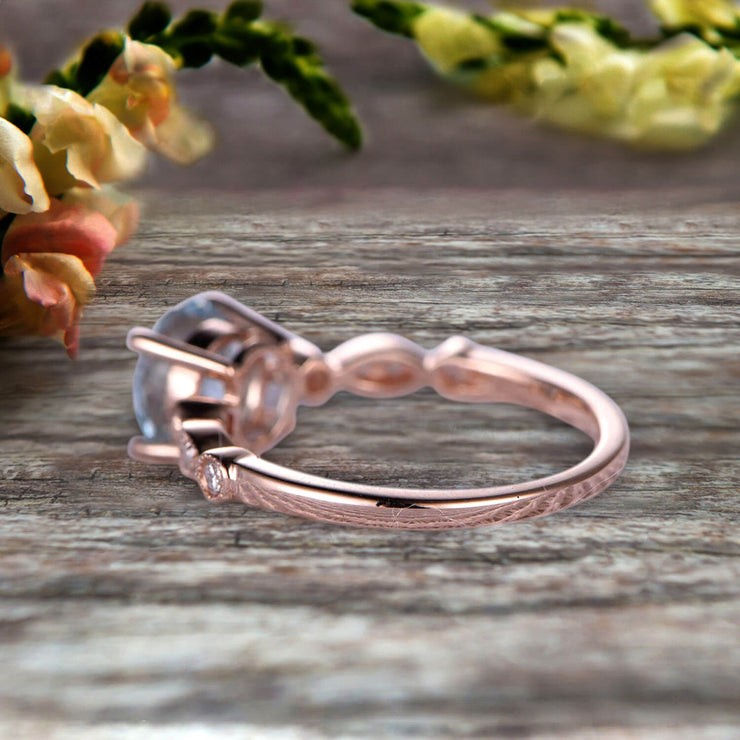 1.25 Carat Wedding Ring Aquamarine Engagement Ring Round Cut Art Deco 10k Rose Gold Anniversary Gift Personalized for Brides