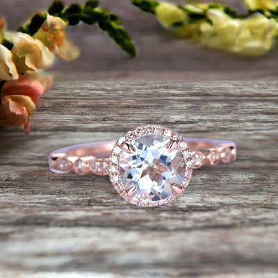 1.50 Carat Wedding Ring Aquamarine Engagement Ring Round Cut Art Deco 10k Rose Gold Halo Design Anniversary Gift Personalized for Brides