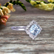 Cushion Cut 1.25 Carat Vintage Floral Aquamarine Engagement Ring On 10k White Gold Anniversary Gift Personalized for Brides