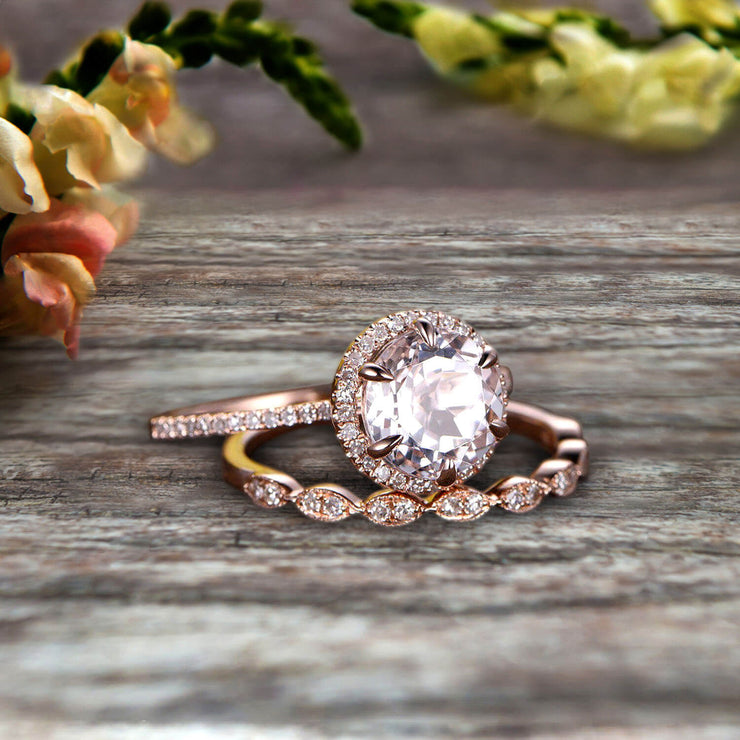 1.75 Carat Round Cut VS Morganite Engagement Ring Set 10k Rose Gold Milgrain Band Halo Anniversary Gift Personalized for Brides