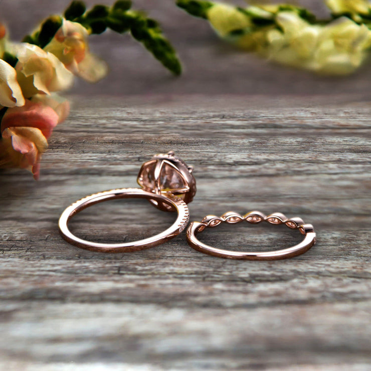 1.75 Carat Round Cut VS Morganite Engagement Ring Set 10k Rose Gold Milgrain Band Halo Anniversary Gift Personalized for Brides