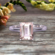 Emerald Cut 1 Carat Morganite Engagement Ring Wedding Ring Promise Ring 10k White Gold Solitaire Anniversary Ring Personalized for Brides