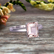 Emerald Cut 1 Carat Morganite Engagement Ring Wedding Ring Promise Ring 10k White Gold Solitaire Anniversary Ring Personalized for Brides