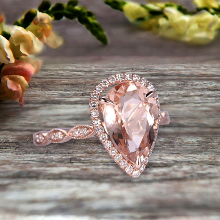 Milgrain Pear Shape 1.50 Carat Pink Morganite Engagement Ring 10k Rose Gold Morganite Ring Wedding Ring Art deco Antique style