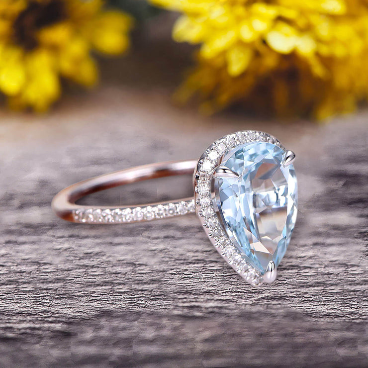 1.50 Carat Pear shaped Aquamarine Engagement Ring 10k White Gold Halo setting