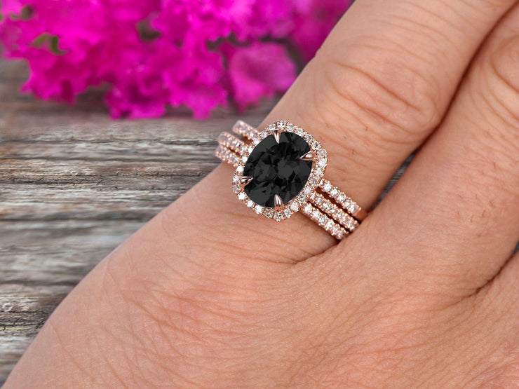 2 Carat Oval Cut Black Diamond Moissanite Engagement Ring 10k Rose Gold With Matching Band