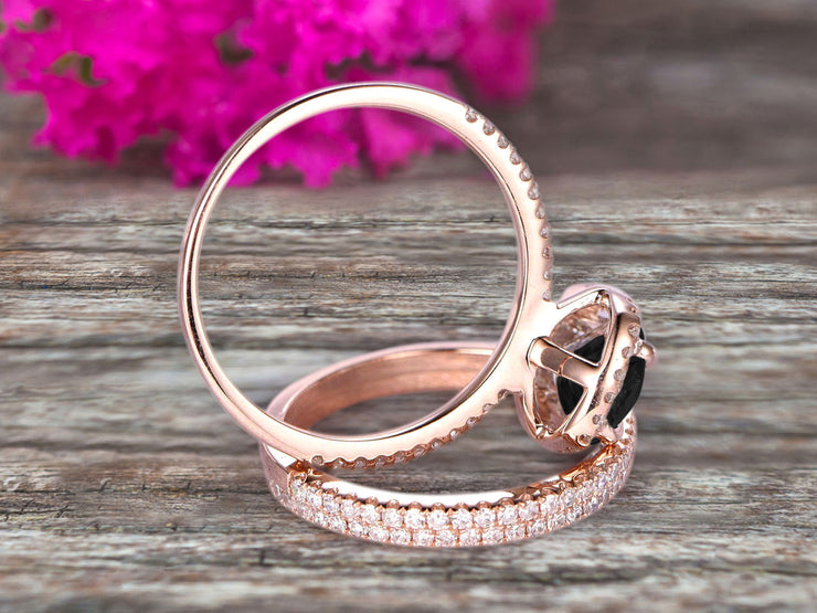 2 Carat Oval Cut Black Diamond Moissanite Engagement Ring 10k Rose Gold With Matching Band