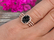 2 Carat Oval Cut Black Diamond Moissanite Engagement Ring 10k Rose Gold With Art Deco Vintage Looking Matching Wedding Band