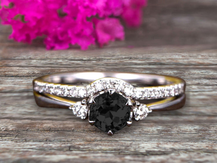 1.5 Carat Round Cut Black Diamond Moissanite Engagement Ring 10k White Gold With Art Deco Vintage Looking Matching Wedding Band