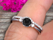 1.5 Carat Round Cut Black Diamond Moissanite Engagement Ring 10k White Gold With Art Deco Vintage Looking Matching Wedding Band