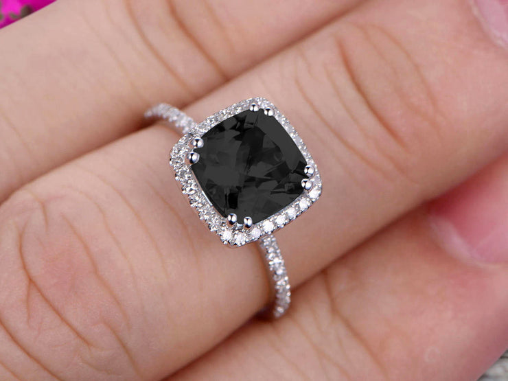 1.5 Carat Cushion Cut Black Diamond Moissanite Engagement Ring on 10k White Gold 