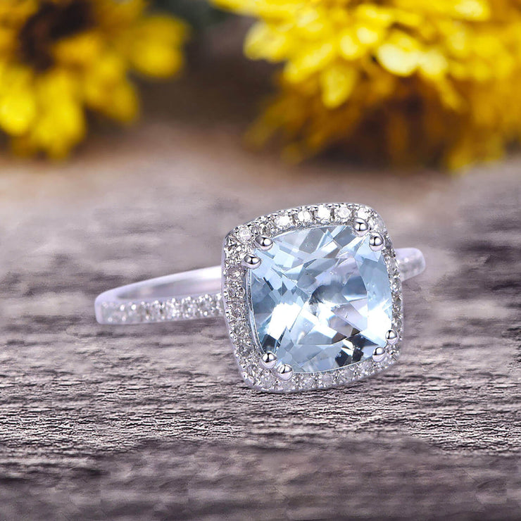 1.5 Carat Cushion Cut Aquamarine Engagement Ring on 10k White Gold 