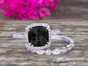 1.75 Carat Cushion Cut Vintage Looking Natural Black Diamond Moissanite Bridal Ring with Wedding Band on 10k White Gold 