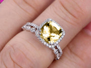 1.75 Carat Cushion Cut Vintage Looking Champagne Diamond Moissanite Bridal Ring with Wedding Band on 10k White Gold 