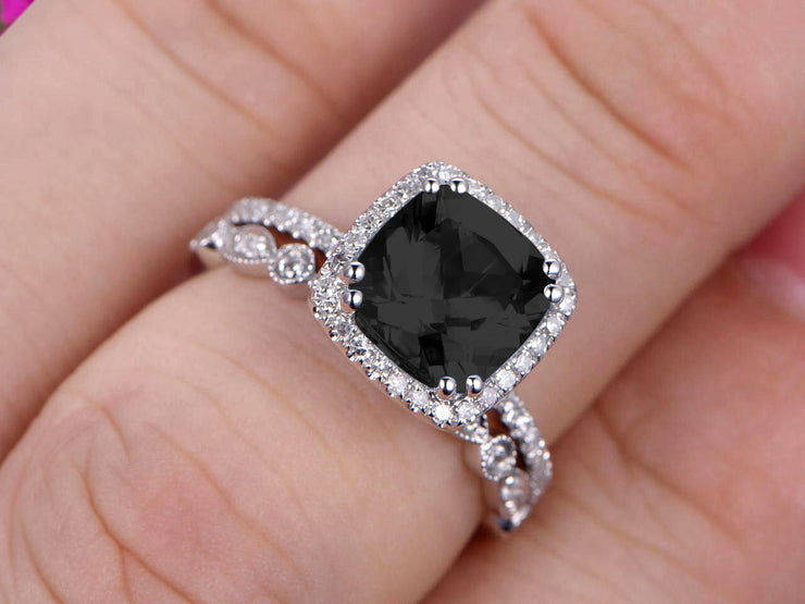 1.75 Carat Cushion Cut Vintage Looking Natural Black Diamond Moissanite Bridal Ring with Wedding Band on 10k White Gold 