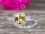 1.75 Carat Cushion Cut Vintage Looking Champagne Diamond Moissanite Bridal Ring with Wedding Band on 10k White Gold 