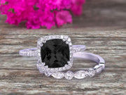 1.75 Carat Cushion Cut Vintage Looking Natural Black Diamond Moissanite Bridal Ring with Wedding Band on 10k White Gold 