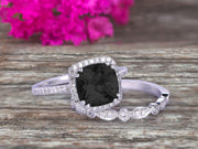 1.75 Carat Cushion Cut Vintage Looking Natural Black Diamond Moissanite Bridal Ring with Wedding Band on 10k White Gold 