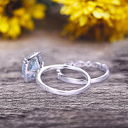 1.75 Carat Cushion Cut Vintage Looking Natural Aquamarine Bridal Ring with Wedding Band on 10k White Gold 