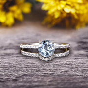 1.50 Carat Round Cut Aquamarine Engagement Ring On 10k White Gold With Wedding Band