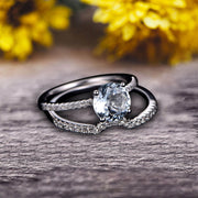 1.50 Carat Round Cut Aquamarine Engagement Ring On 10k White Gold With Wedding Band