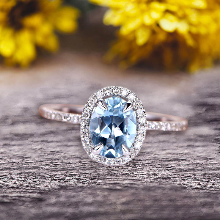 Oval Cut 1.50 carat Natural Blue Aquamarine White Gold Ring Engagement Ring Anniversary Gift On 10k White Gold Art Deco Halo