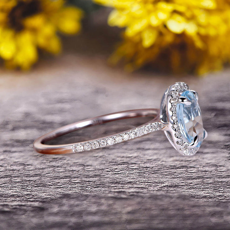 Oval Cut 1.50 carat Natural Blue Aquamarine White Gold Ring Engagement Ring Anniversary Gift On 10k White Gold Art Deco Halo