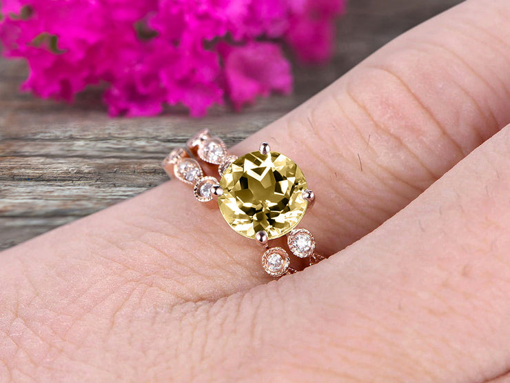 Vintage Looking 10k Rose Gold 1.50 Carat Round Cut Champagne Diamond Moissanite Engagement Rings With Unique Matching Wedding Band Art Deco