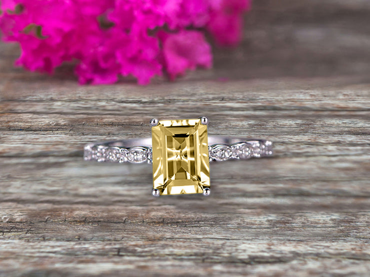 Art Deco 10k White Gold 1.25 Carat Emerald Cut Champagne Diamond Moissanite Engagement Ring Anniversary Gift