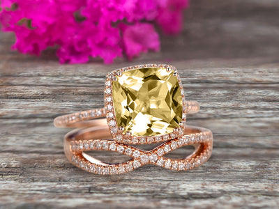 Halo 2 Pcs 10k Rose Gold 1.75 Carat Cushion Cut Champagne Diamond Moissanite Engagement Ring Set Custom Made Flaming Jewelry Twisted Across Matching Band Art Deco Anniversary Ring