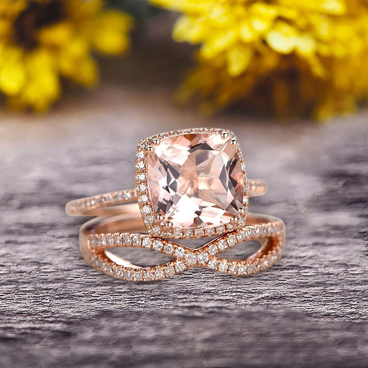 Halo 2 Pcs 10k Rose Gold 1.75 Carat Cushion Cut Morganite Engagement Ring Set Custom Made Flaming Jewelry Twisted Across Matching Band Art Deco Anniversary Ring