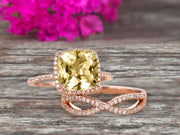 Halo 2 Pcs 10k Rose Gold 1.75 Carat Cushion Cut Champagne Diamond Moissanite Engagement Ring Set Custom Made Flaming Jewelry Twisted Across Matching Band Art Deco Anniversary Ring
