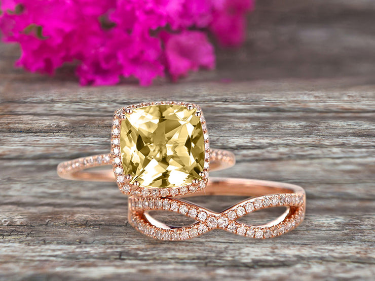 Halo 2 Pcs 10k Rose Gold 1.75 Carat Cushion Cut Champagne Diamond Moissanite Engagement Ring Set Custom Made Flaming Jewelry Twisted Across Matching Band Art Deco Anniversary Ring