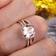 Halo 2 Pcs 10k Rose Gold 1.75 Carat Cushion Cut Morganite Engagement Ring Set Custom Made Flaming Jewelry Twisted Across Matching Band Art Deco Anniversary Ring